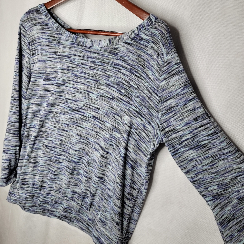 LOFT Outlet Knit Top Blue Black Marled Tie Back Boat Neck Bell Sleeve Large